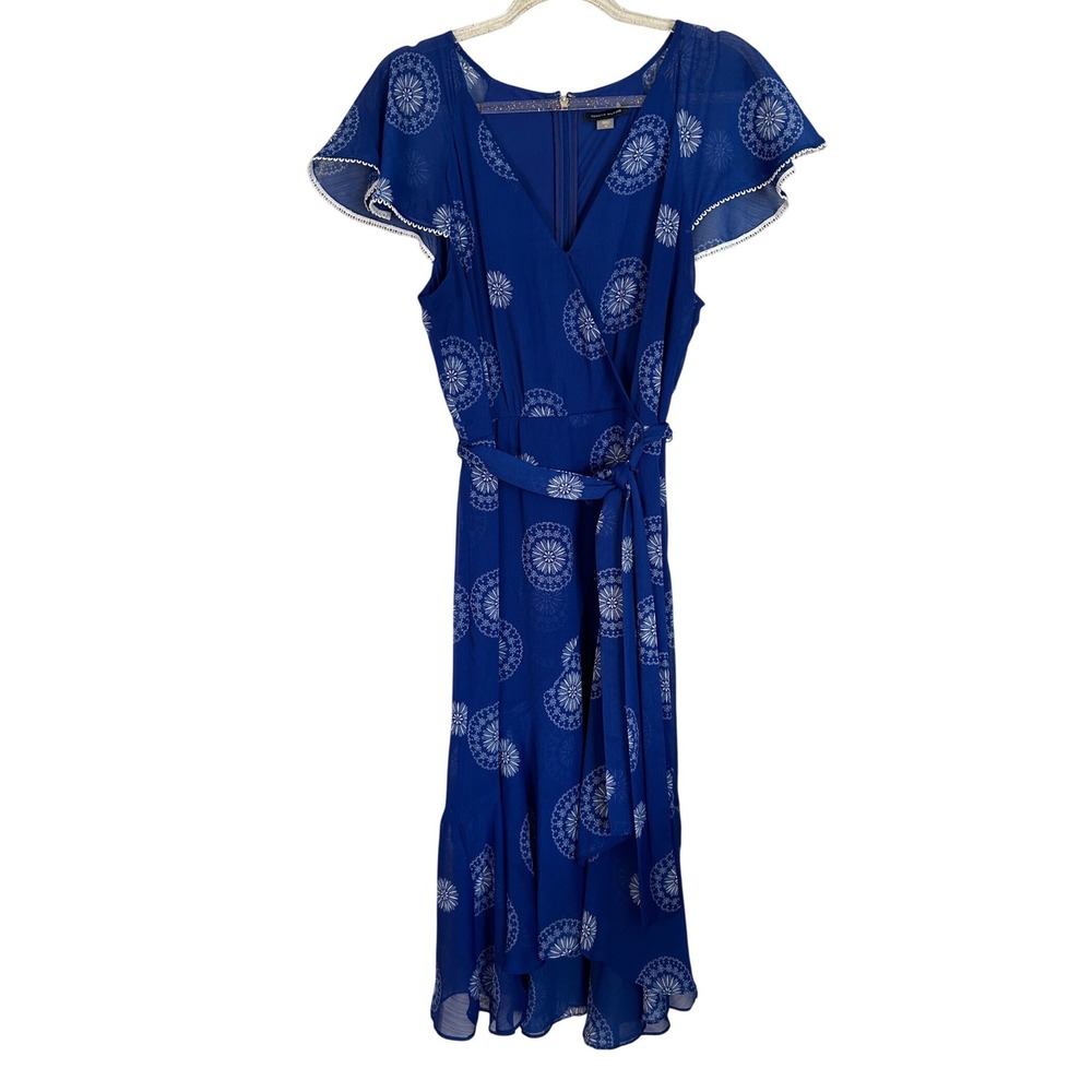 Tommy Hilfiger Blue Medallion‎ Print Flutter Sleeve High Low Midi Dress